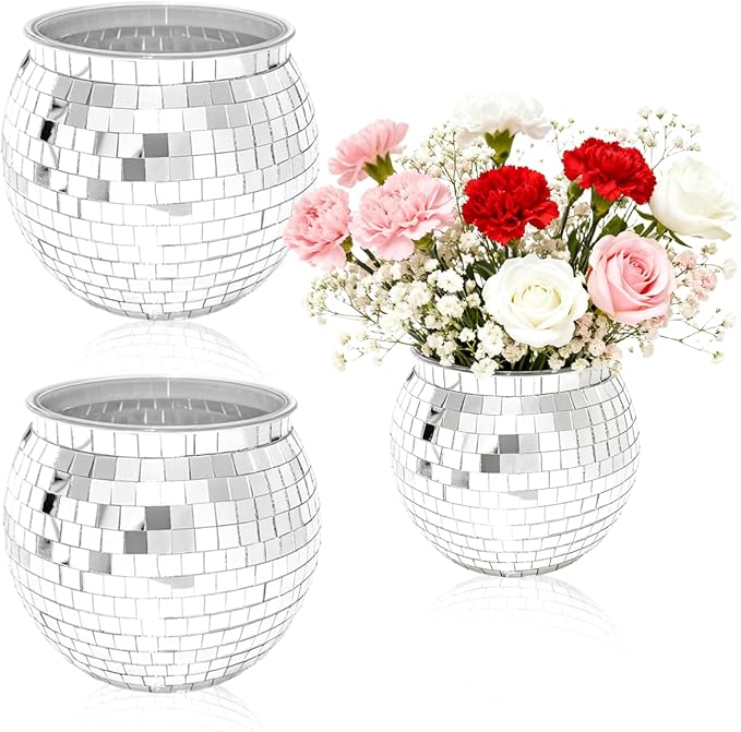2 Pcs Disco Ball Vases,6" X 6.7" Disco Ball Centerpieces Decor,Silver Mirror Plastic Vase Disco Ball Planter for Wedding,Birthday,Office Table Decorations