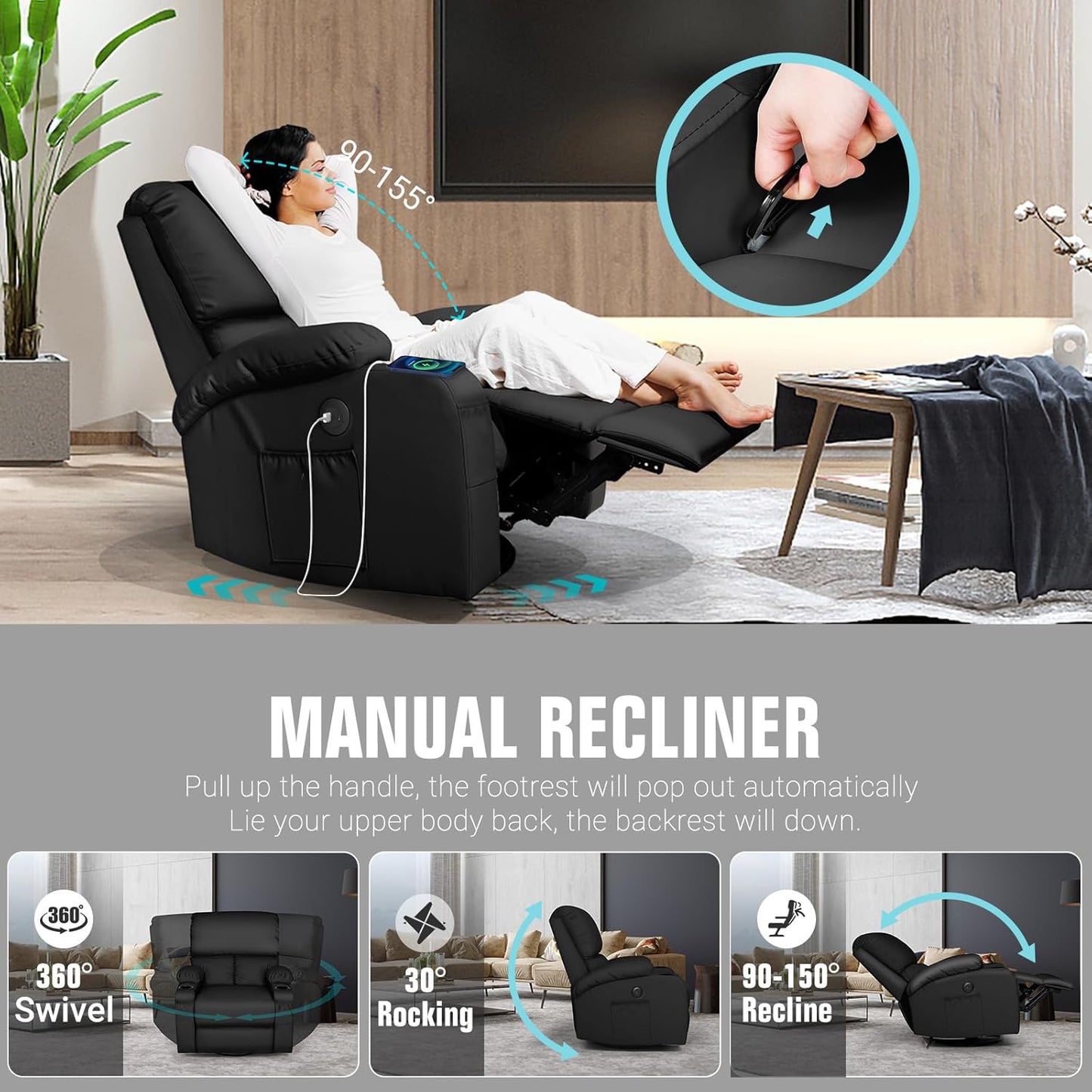Rocking Recliner Chair, Massage Rocker Recliner Chair with Vibration Massage and Heat, USB and Type-C Ports,360° Swivel Faux Leather Chairs, Living Room, Bedroom, Nursery, RV, Black