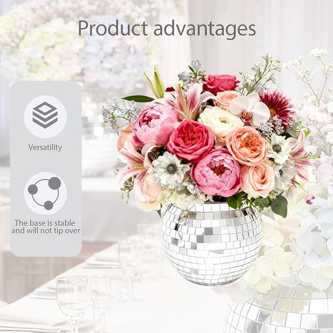 6 Pcs Disco Ball Vases,6" X 6.7" Disco Ball Centerpieces Decor,Silver Mirror Plastic Vase Disco Ball Planter for Wedding,Birthday,Office Table Decorations