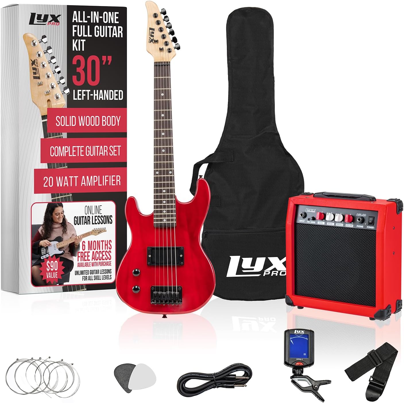 LyxPro Left Hand 30 Inch Electric Guitar Kit for Lefty Kids 3/4 Size Beginner’s Guitar, Amp, Six Strings, Two Picks, Shoulder Strap, Digital Clip On Tuner, Guitar Cable and Soft Case Gig Bag - Red