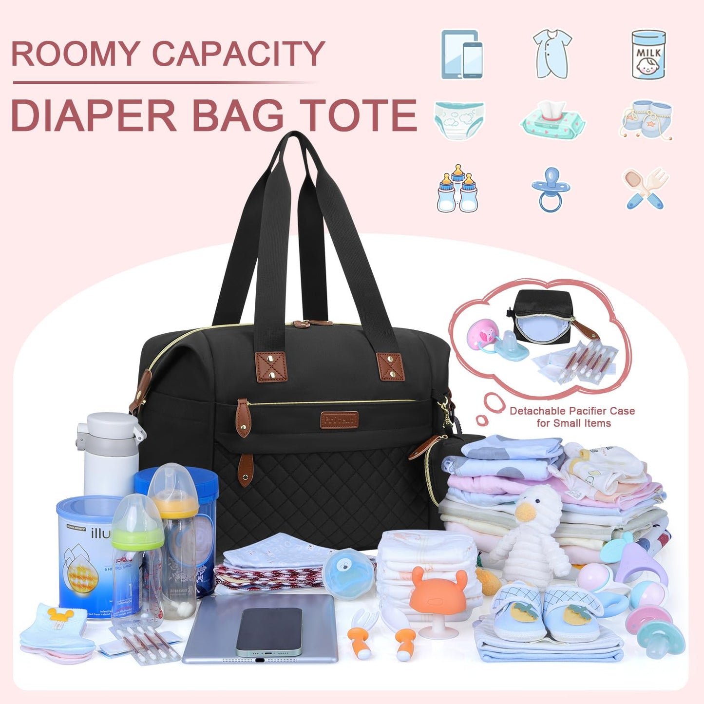 Diaper Bag Tote, Diaper Baby Bags with Pacifier Case, Shoulder Straps, Stroller Clips, Waterproof Large Mommy Maternity Travel Baby Tote for Mom and Dad, black