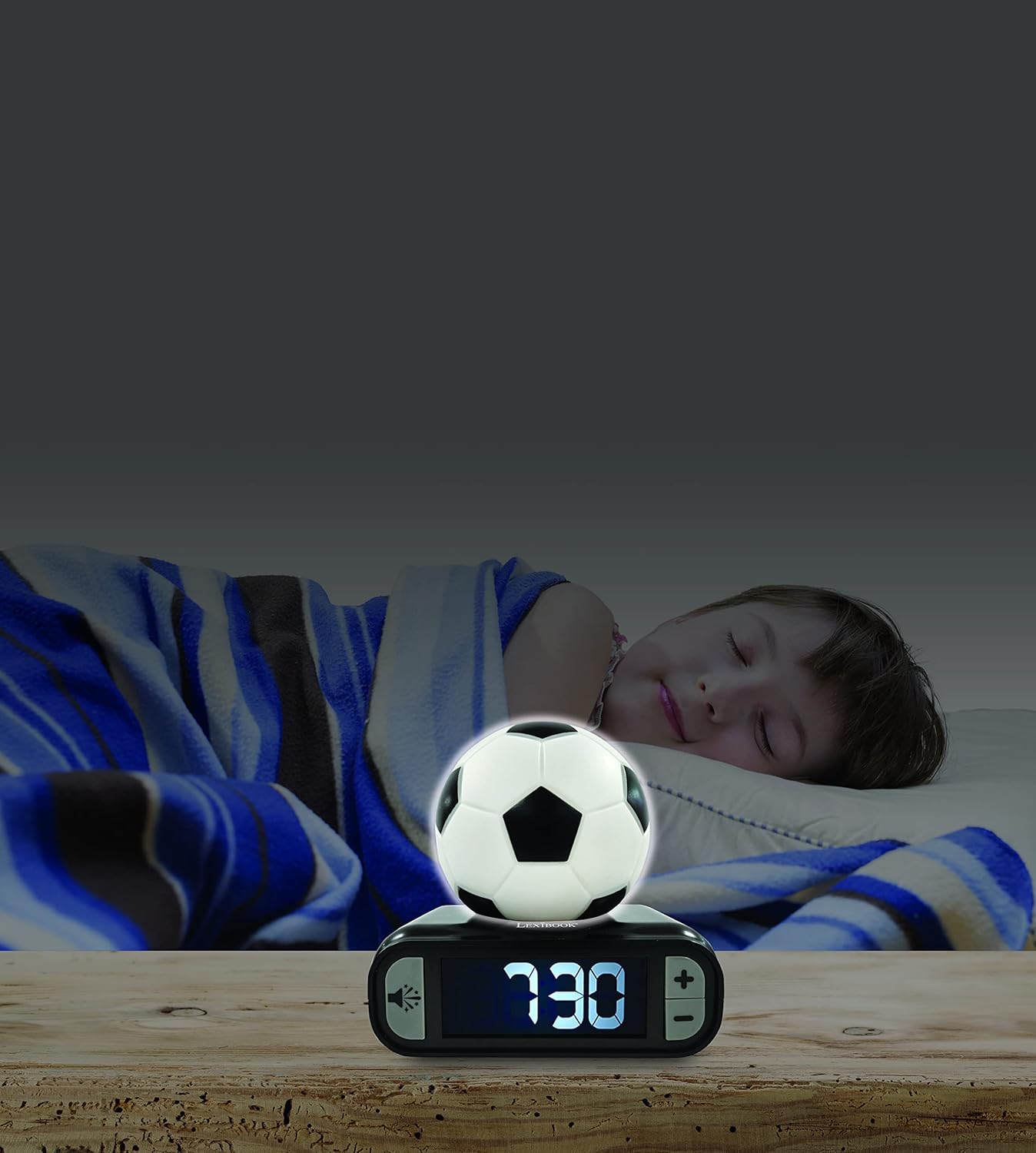LEXiBOOK - Soccer Ball Digital Alarm Clock with Night Light Snooze, Clock, Luminous Soccer Ball, Black Colour - RL800FO