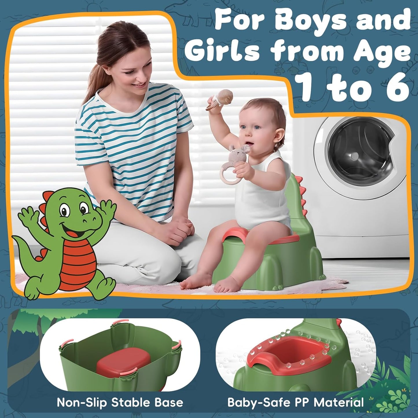 Potty Training Toilet Toddler Potty Chair Kids Boys Girls Dinosaur Animal Comfortable Potties Training Seat for Childrens Ages 1-3 Portable Baby Toilets with Lid Back Easy to Clean Potty Trainer Green