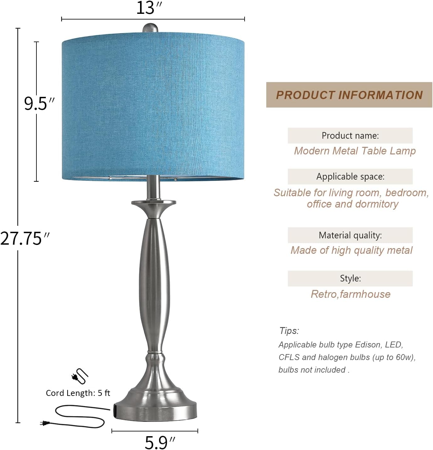 Oneach 27" Modern Table Lamps Set of 2 for Living Room Bedroom with USB A+C Charging Port,Brushed Steel Bedside Lamps for Night Stands,Fabric Drum Shade Nightstand Lamp Light for End Tables Home