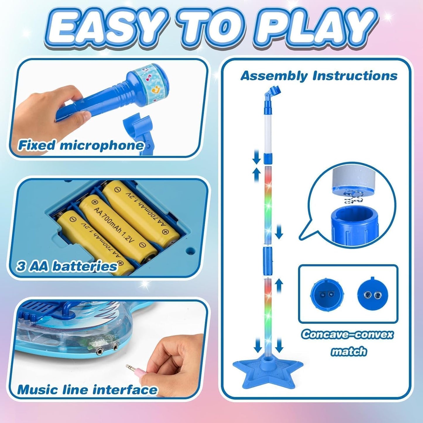 Kids Guitar and Microphone Set, Toy Guitar with Adjustable Volume and Strap, Microphone with Stand and Color Light, Toddler Musical Instrument for 3-5 5-9, Kids Karaoke Machine for Boy Girls(Blue)