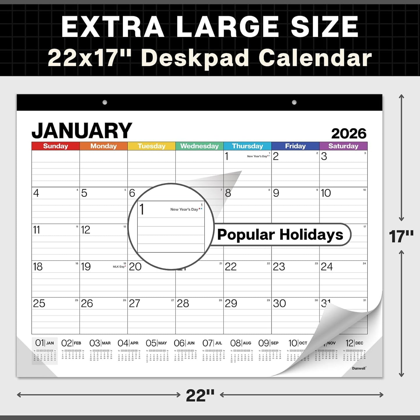 Dunwell 22x17 Desk Calendar 2025-2026 (Colorful), Use Now to Dec 2026, as Large Hanging Wall Calendar or Big Monthly Desktop Blotter, Lined Daily Blocks, Easy to Read, Perfect for Office or Home