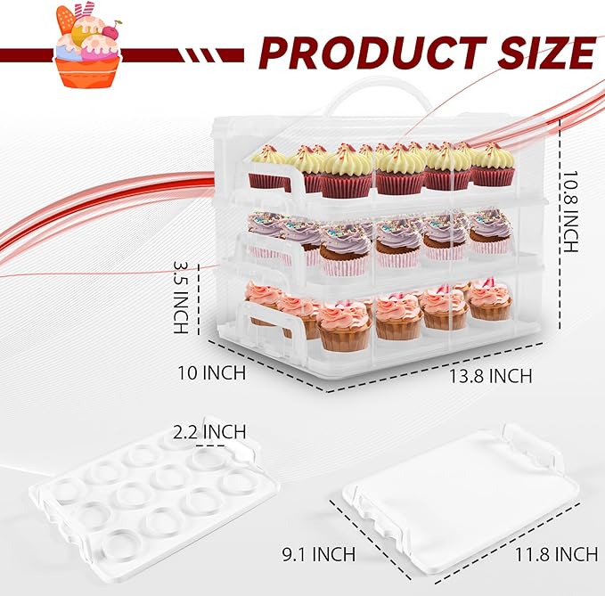 Cupcake Carrier, 3-Tiers Cupcake Containers, Holds 36 Cupcakes or 3 Large Cakes, Cupcake Holder, Cupcake Box with Lid and Handle (White, Basic)
