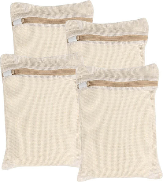 4 Piece Small, Durable Organic Cotton Mesh Laundry Bag with Strong Zipper and Breathable Mesh, Delicate Laundry Bag for Underwear, Clothes, Pants and Socks