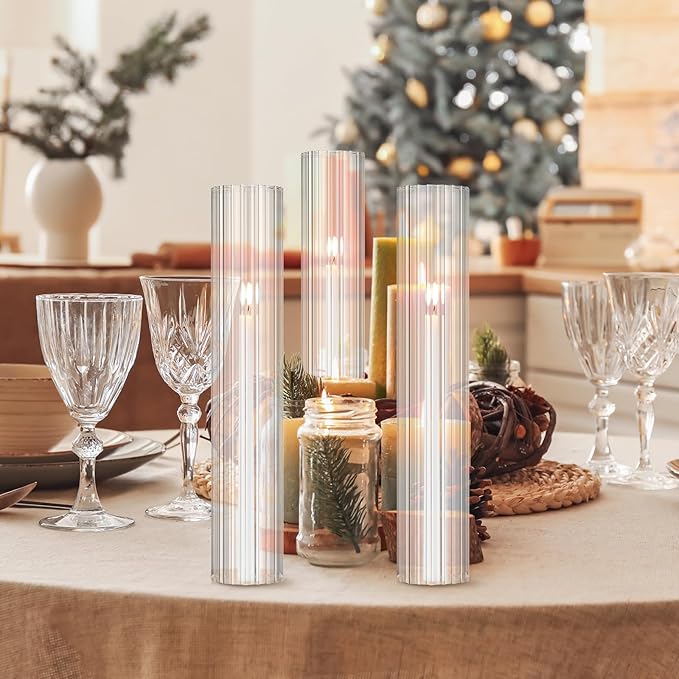 12 Pcs Hurricane Glass Candle Holders 2.5 x 14 Open Ended Tube Ribbed Shade Bottomless Chimney Cylinder Taper Candle Cover for Wedding Anniversary Table Centerpiece