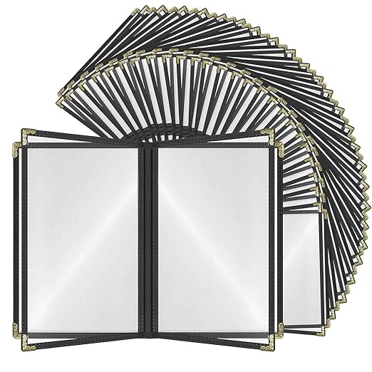 Goodsmart Restaurant Menu Covers – 25 Pack Black 8-View Booklet 8.5" x 14", Side-Loading Vinyl & Plastic Menu Holders, Clear Menu Sleeves, Leather-Style Café Covers with Gold Corners