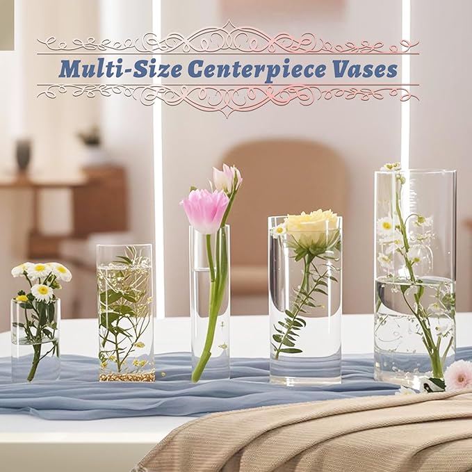 60pcs Glass Vase Cylinder Vases for Centerpieces Small Flower Glass Vases Home Decor Centerpiece Table Clear Flower Vase Decorations for Wedding＆Holiday 6，6，7.8，9.8，11.8 Inch Tall