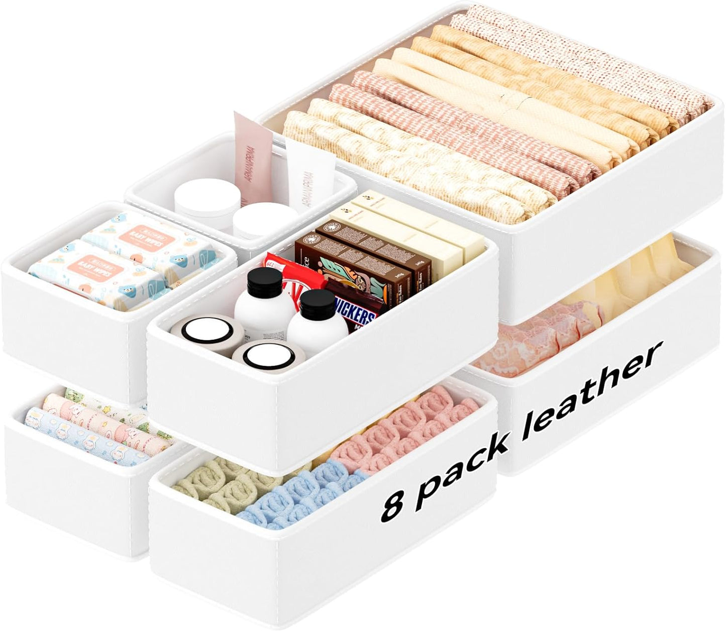 Vegan Leather Drawer Organizers,8 Pack Makeup Storage boxes,Vanity Drawer Luxury upgrade,Bedroom fabric Drawers replacement,bathroom organization and storage Optimal solution