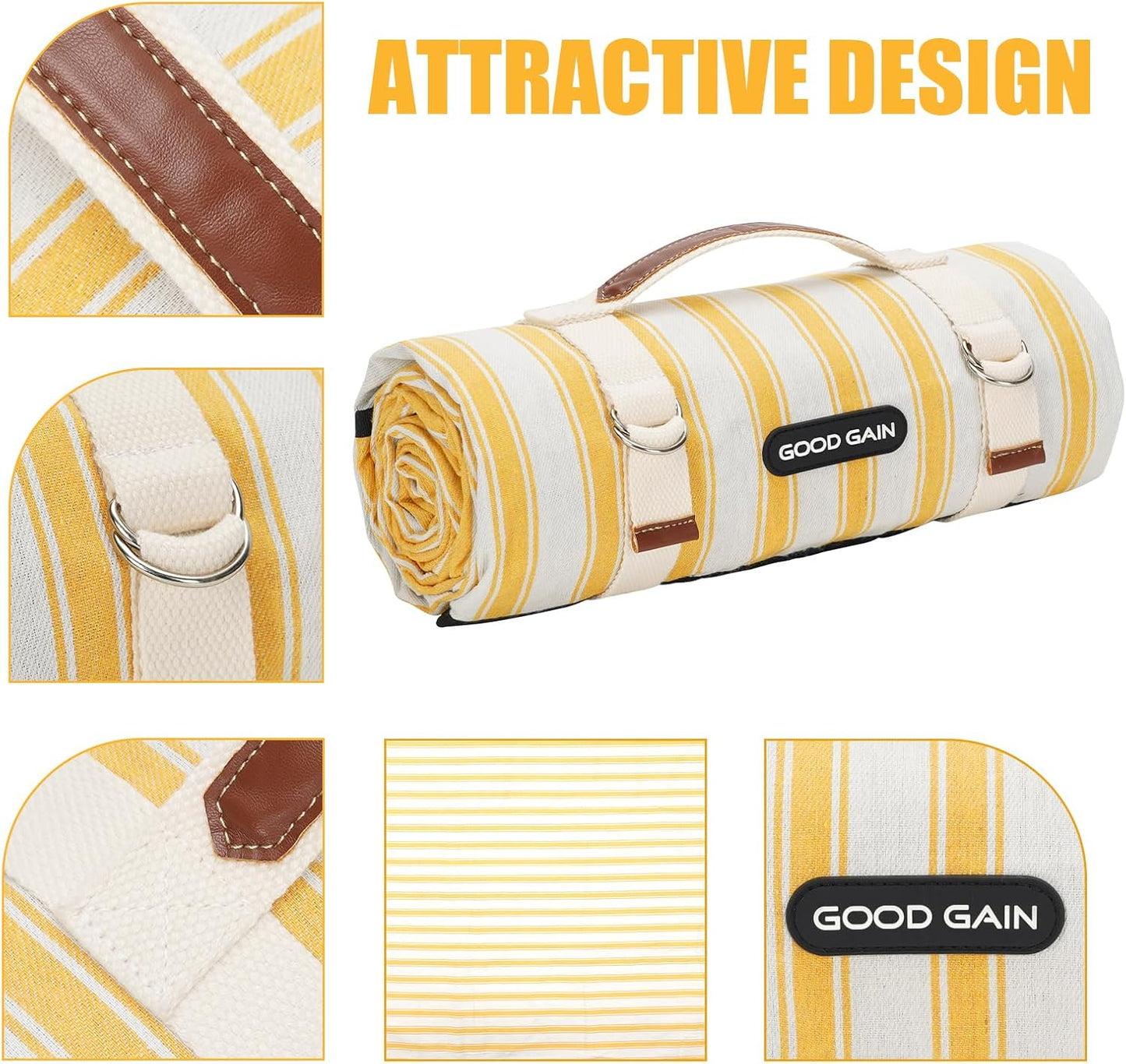 G GOOD GAIN Picnic Blankets Waterproof - Extra Large Outdoor Blanket Sand Free Foldable with Carry Strap for Beach, Camping, Park Grass, Hiking, Travel, Concerts, Indoor(Bumblebee)