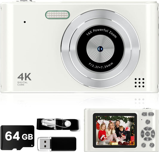 Digital Kids Camera 1080P Vlog Camera with 64GB, Lanyard, 16X Zoom Anti Shake, Card Reader 44MP Compact Portable Point Shoot Digicam for Kid Teen Girl Boy Christmas Halloween Thanksgiving