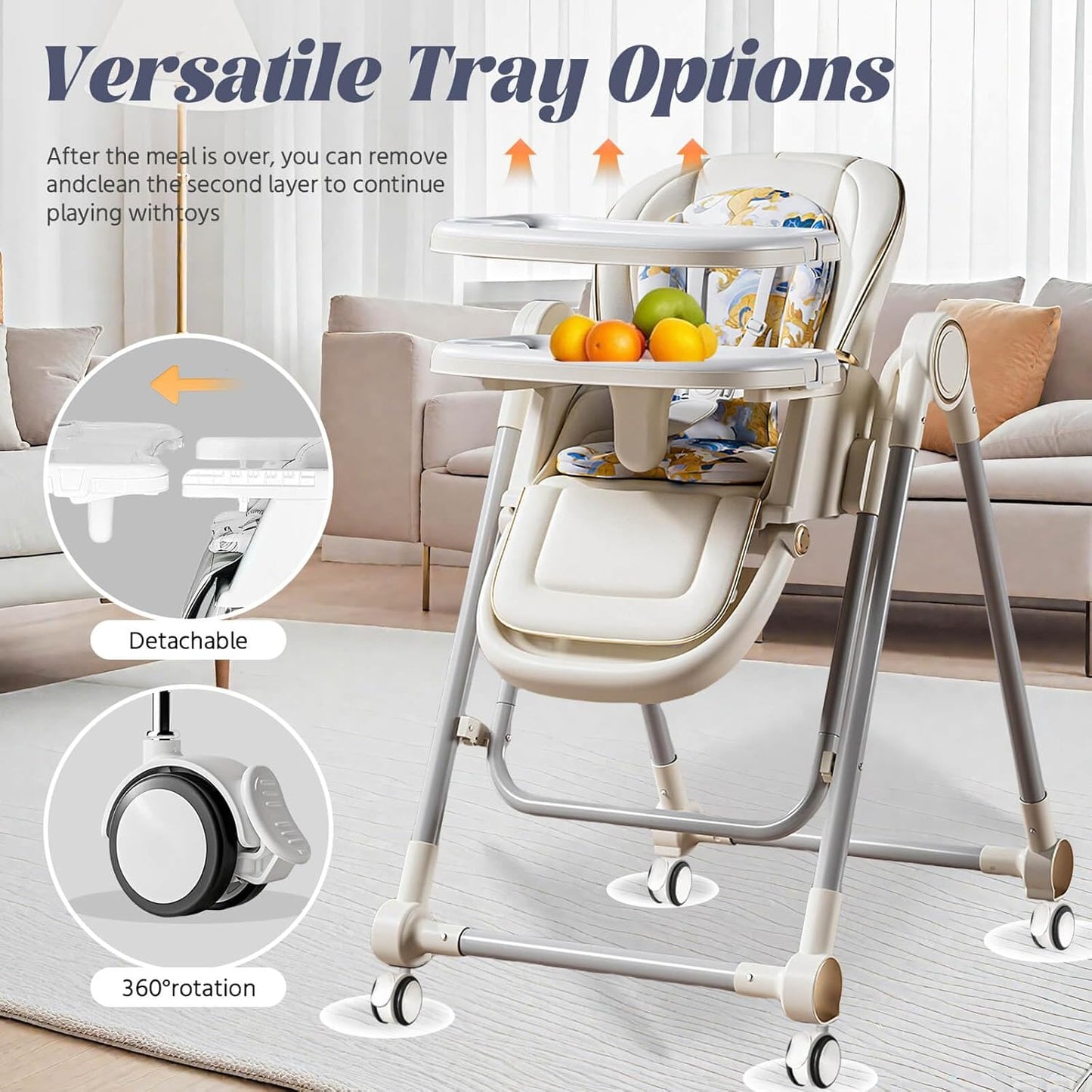 5 in 1 Baby High Chair Swings for Infants Foldable Rocking 8 Level Height Adjustment Eco Friendly Washable PU Cushion(White)