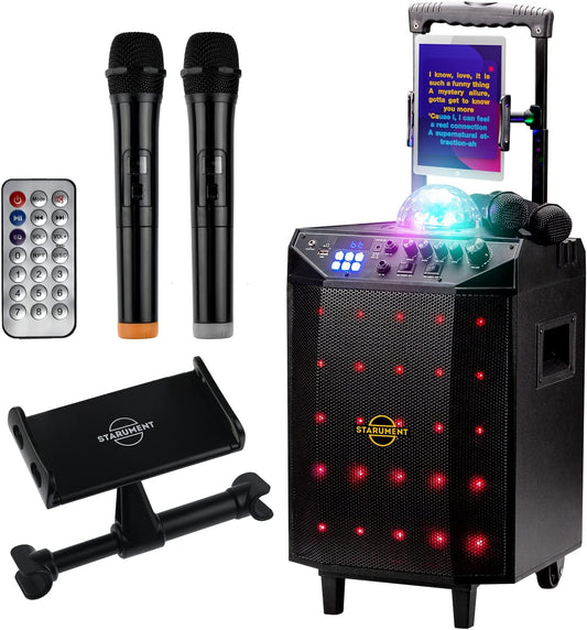 Starument Portable Karaoke Machine for Adults & Kids Complete Karaoke System Includes Bluetooth Speakers on Wheels, 2 Bluetooth Microphones, Disco Ball, LED Speaker Light, Cell Phone Stand & USB Aux