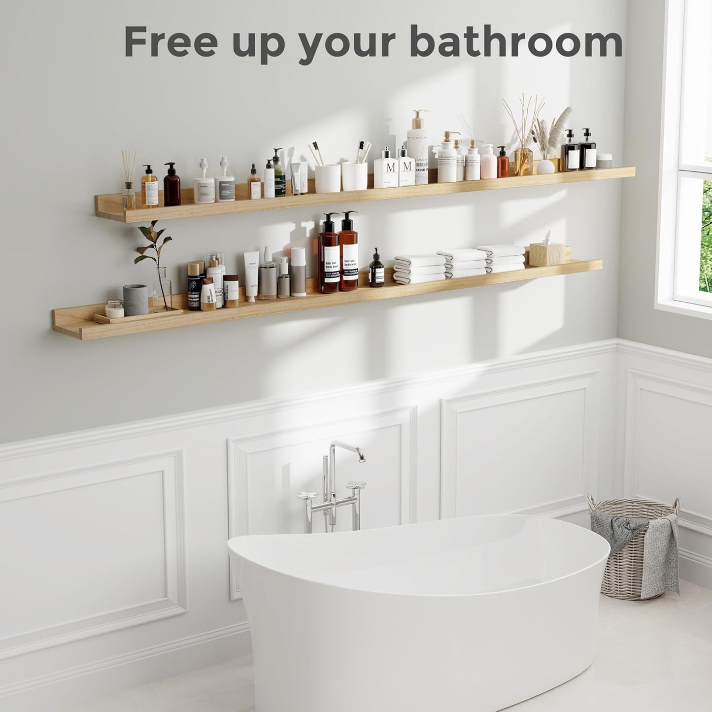 Picture Ledge Shelf, Floating Shelves Set of 2, 72 Inches Long Large Nursery Book Shelves for Toys Storage, Kids Bookshelf Wall Mounted for Living Room Bedroom Decor Books Photo Frames, Natural