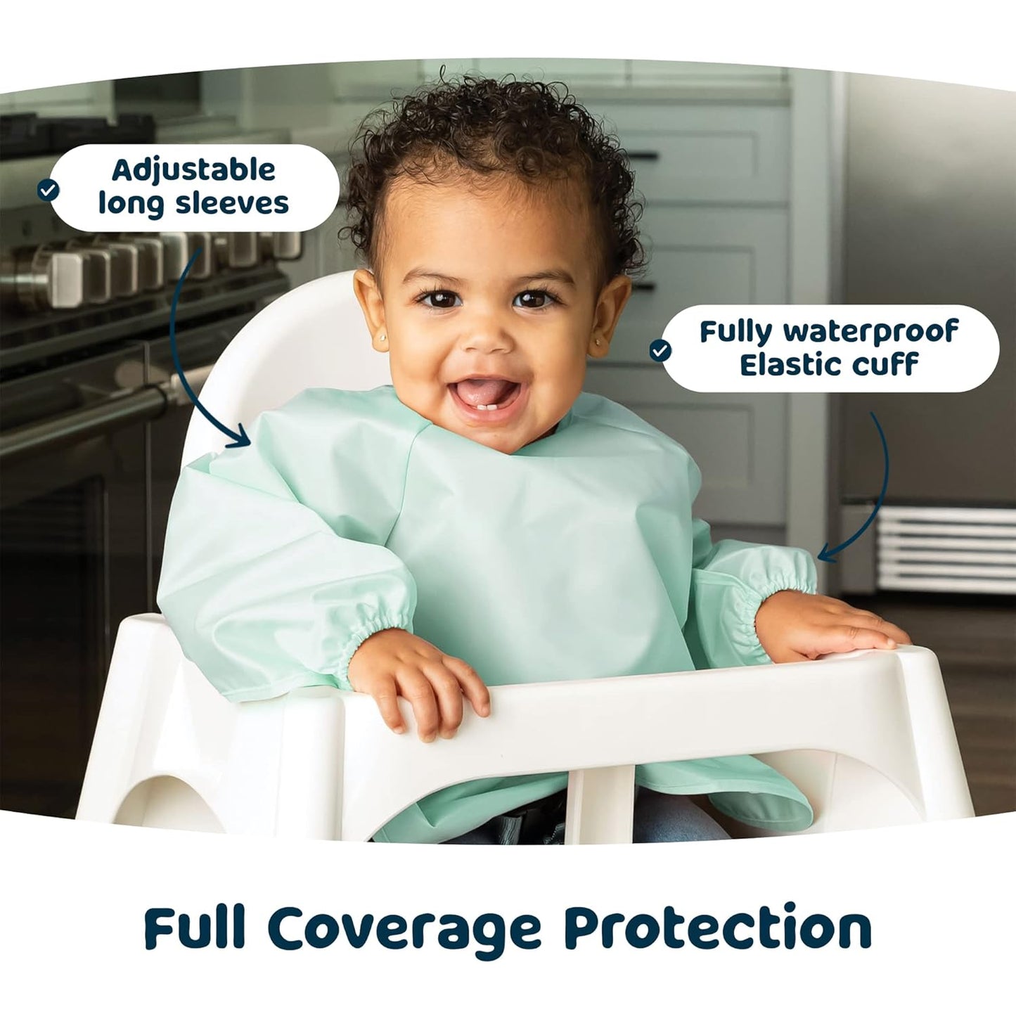 Tiny Twinkle Mess Proof Baby Bibs, 2pk Waterproof Smock Baby Bibs for Eating, Machine Washable Long Sleeve Bibs, Baby Led Weaning, Toddler Bibs, BLW Supplies (Sage Charcoal, Small 6-24 Months)