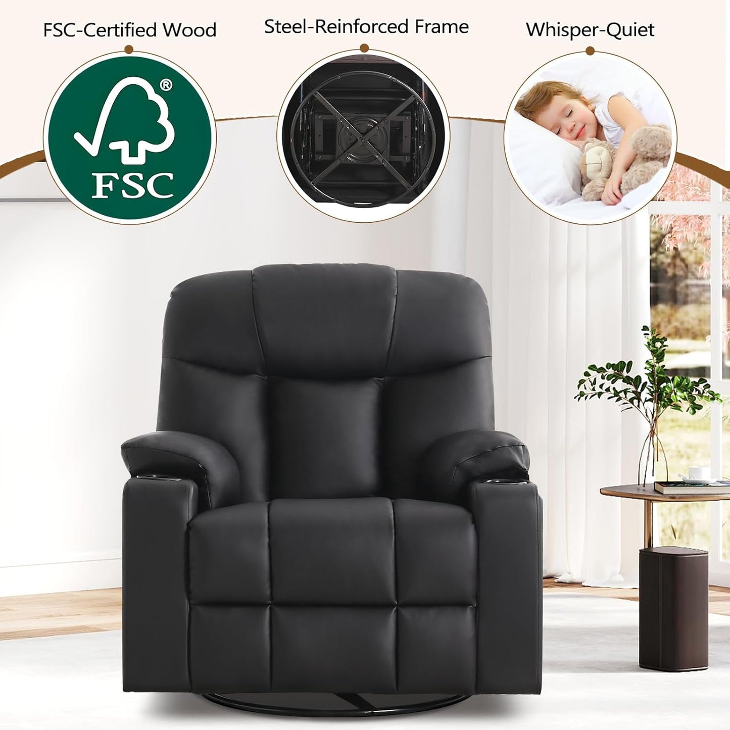 ANJ Swivel Rocker Recliner Chair Set of 2, Brown PU Leather, Manual 3-Position Reclining with Massage & Heat, Cup Holders for Living Room