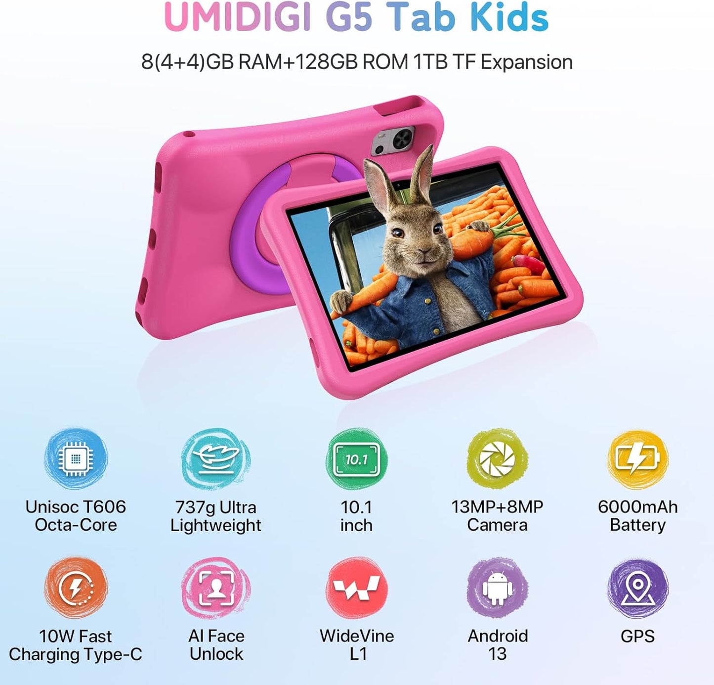 UMIDIGI G5 Tab Kids, Android 13 Tablet for Kids, 8(4+4) G+128G up to 1TB, Bluetooth, WIFI5, Parental Control, Dual Camera, TV Eye Bluelight Tablet, Dual SIM, Pink