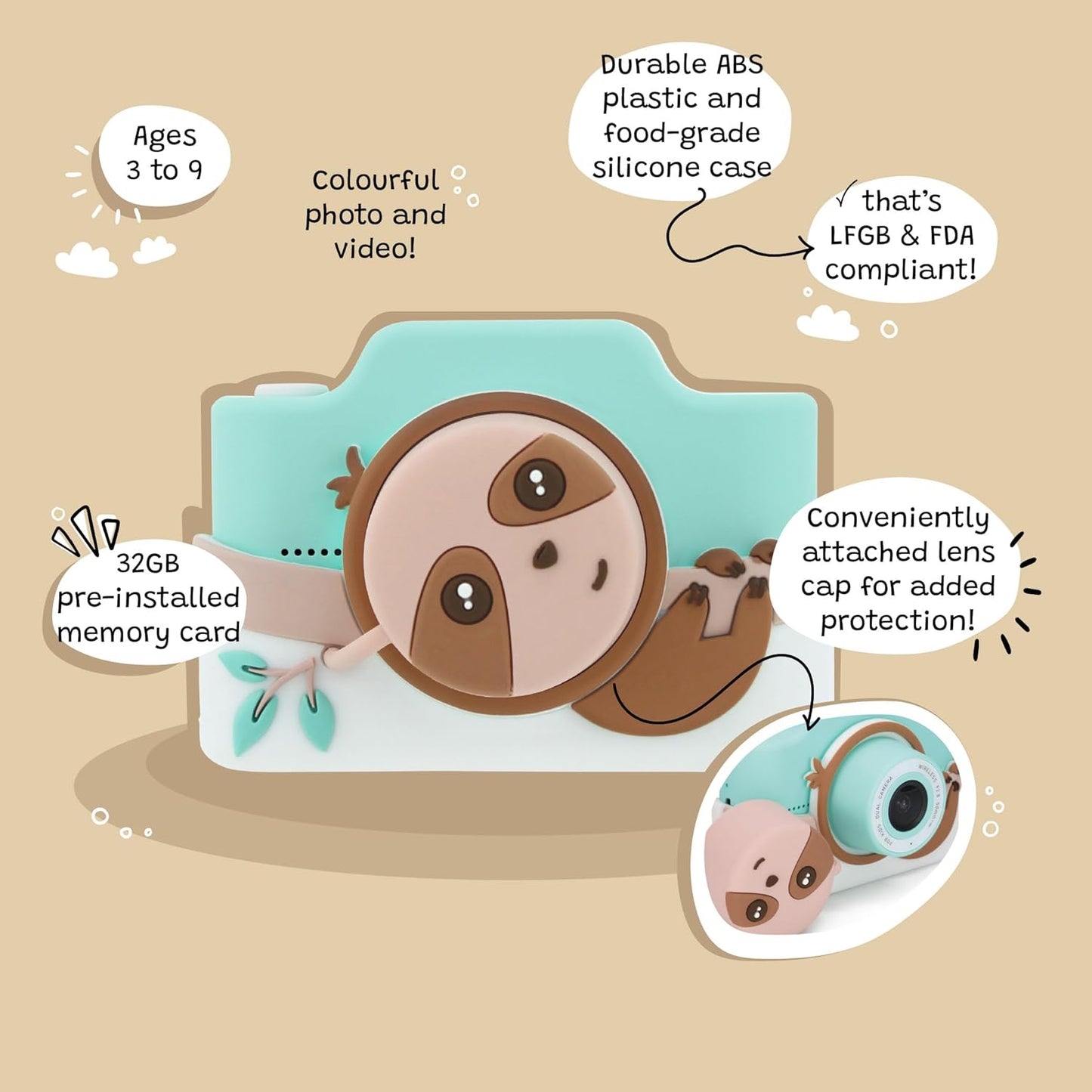 Kidamento Kids Digital Camera & Video Camcorder with Touchscreen, Soft Silicone Casing, Detachable Lens Cap, 32GB Memory Card - Model K Zippy The Sloth