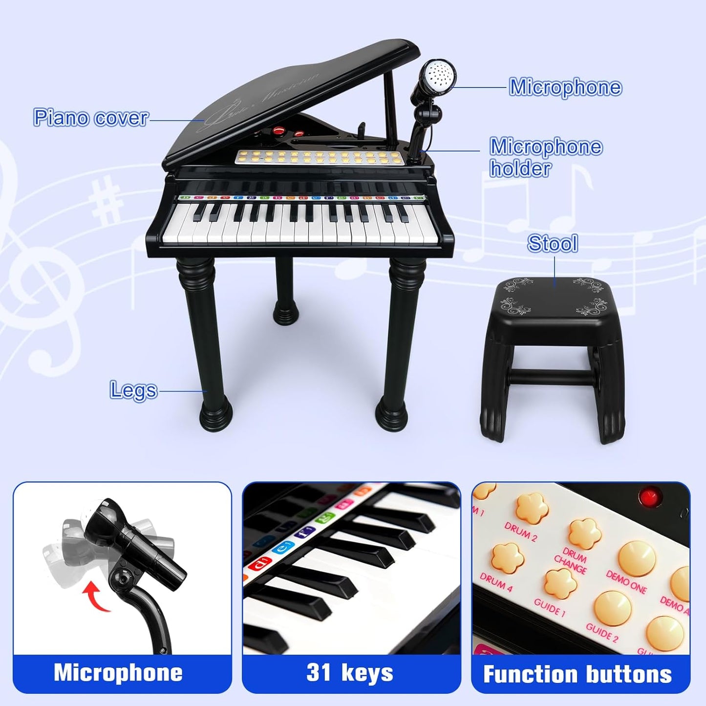 Love&Mini Piano Keyboard Toy for Kids - 31 Keys Toddlers Black Piano Toy with Microphone and Stool for Kids Age 3+ Years Old Girls Boys Birthday Gift