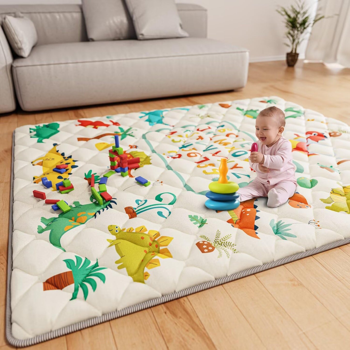 Baby Play Mat 71" X 59" Playpen Mat Upgraded Thicken Baby Floor Play Mat Non-Slip Cushioned Crawling Mat Waterproof Activity Playmats for Babies Toddlers Infants (71X59, Letter Dino)