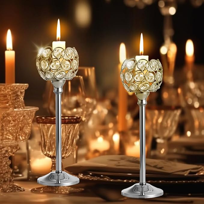 Crystal Candle Holders Set of 16 for Wedding Centerpieces Gold Or Silver Candle Holders Bulk Decorative Tealight Candle Holder for Wedding, Party,Table Centerpieces Decoration (Silver, 4Sets(12 Pcs))