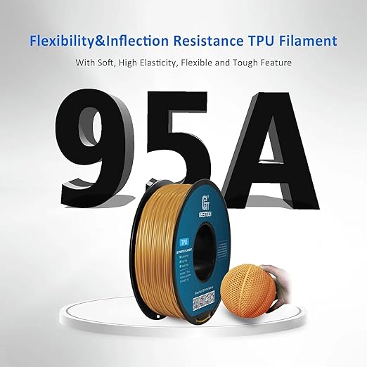 Geeetech TPU Filament 1.75mm, Shore 95A – Flexible 3D Printer Filament with High Elasticity, 1KG (2.2lbs) Spool, Dimensional Accuracy ±0.03mm, Fits Most FDM Printers (Gold)