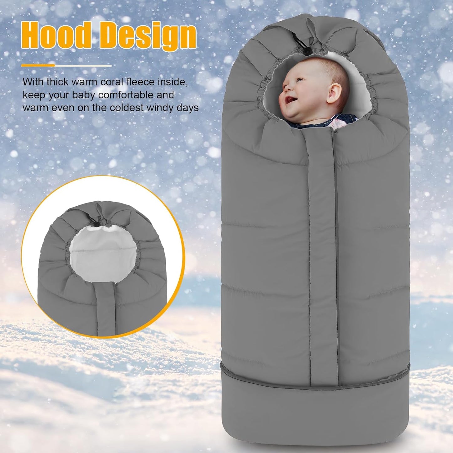 Yoofoss Stroller Cover for Winter, Toddler Stroller Footmuff Universal for Most Stroller, Water Resistant Warm Coral Baby Stroller Bunting Sleeping Bag Light Grey