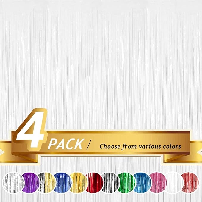 BTSD-home 4 Pack 3x 8ft White Foil Fringe Curtain Backdrop Party Streamers Decorations Metallic Photo Booth Tinsel Theme Bachelorette Graduation Wedding Birthday Bridal Shower Christmas Decor Supplies
