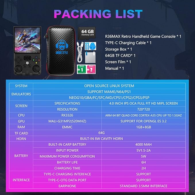 R36MAX Retro Handheld Game Console, 4.0 Inch 720x720 IPS Screen, Built-in 18,000+ Classic Game, Portable Hand Held Open Source Linux System, 4000mAh Battery Retro Gaming Console (Black 64GB)