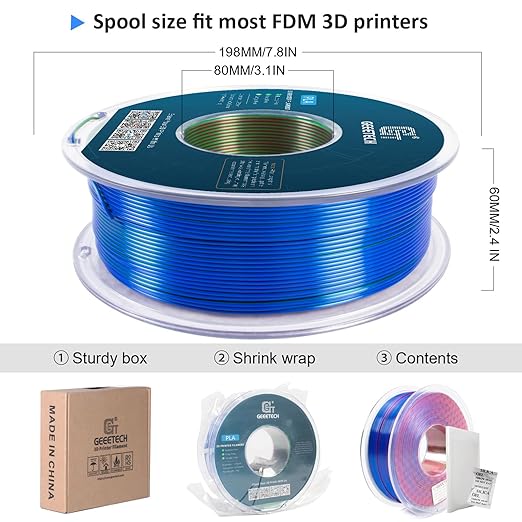 Geeetech Silk PLA Tri Color Filament 1.75mm 3D Printer Filament, Coextrusion Red Blue Green Tri-Colors Metal-Like Shiny Silk PLA Filament, 1kg (2.2lbs) 1 Spool, Dimensional Accuracy +/- 0.02 mm