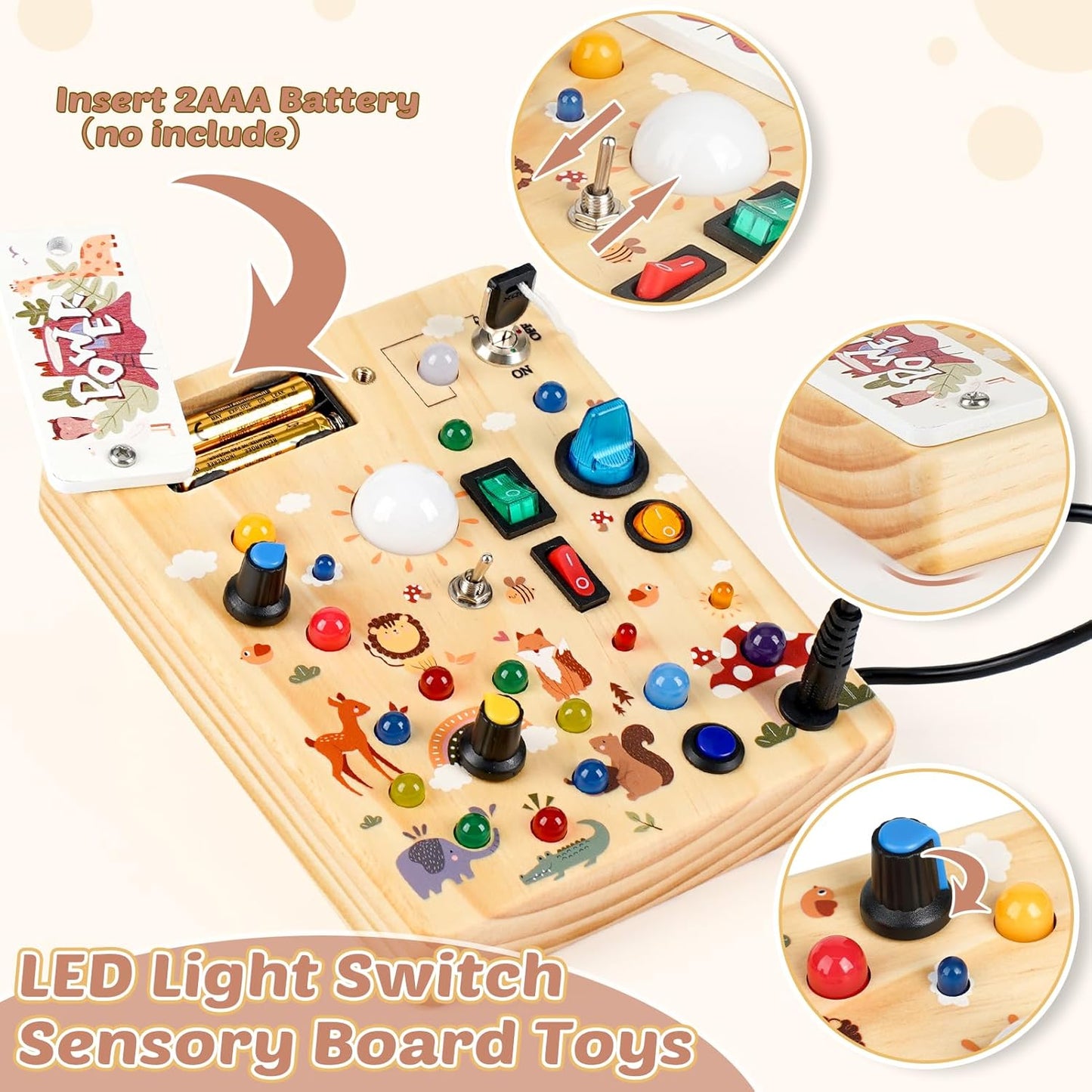 Joyreal Wooden Busy Board with LED Light, Montessori Toddler Toys, Wooden Sensory Board, Toddlers Activity Travel Toys for Boy & Girl Birthday Gift (Forest Theme)