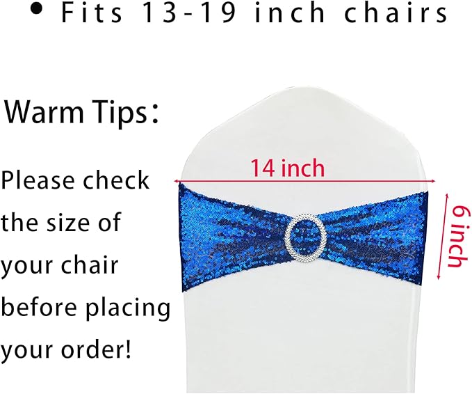 Sequin Chair Sashes Stretch Chair Bands Spandex Polyester Bows for Party Hotel Wedding Banquets Decoration - 6 Pcs Royal Blue