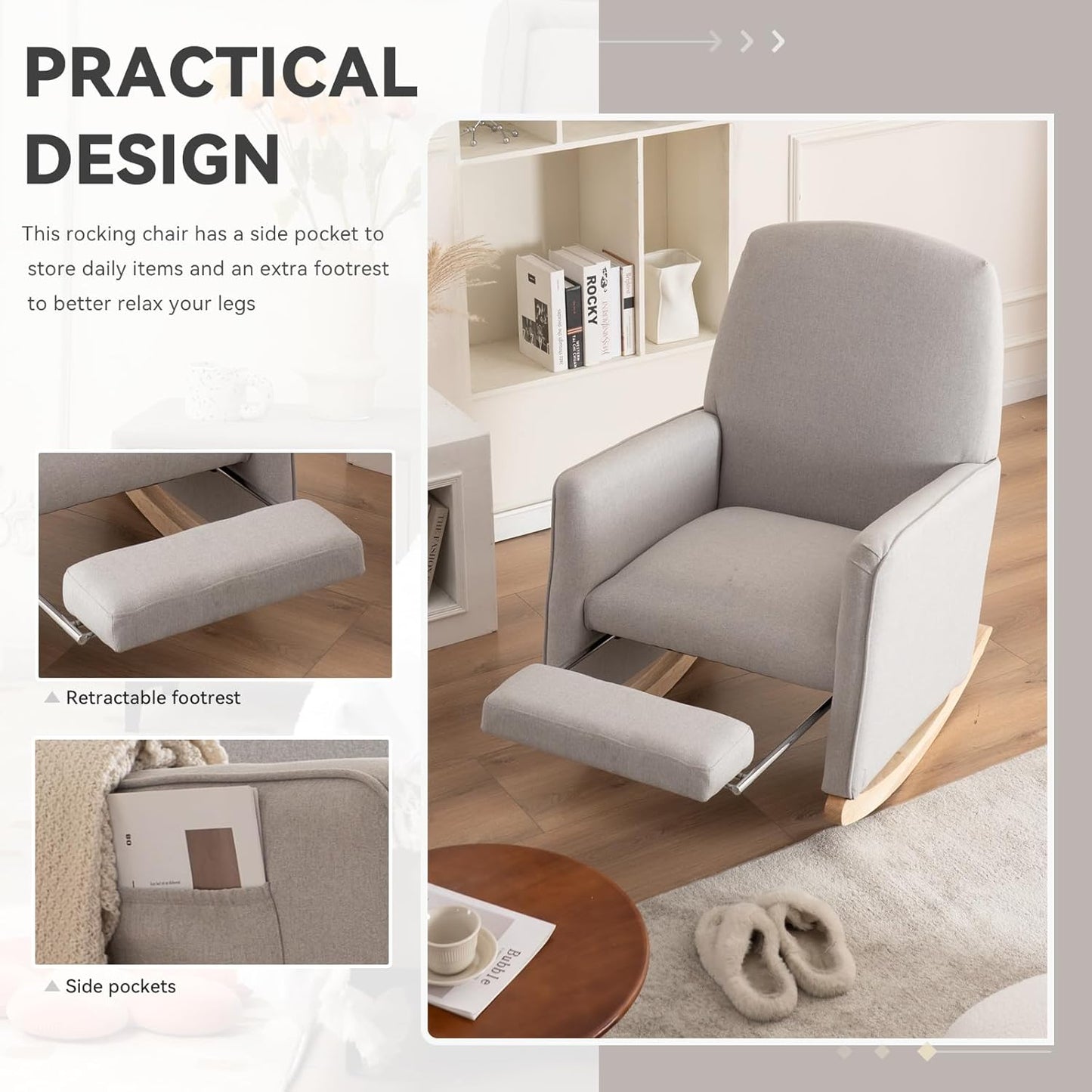 FOXHUNTER Rocking Chair Nursery with Adjustable Footrest and High Backrest, Upholstered Glider Chairs with Side Pockets for Nursery, Rocker Armchair Indoor for Living Room,Light Gray