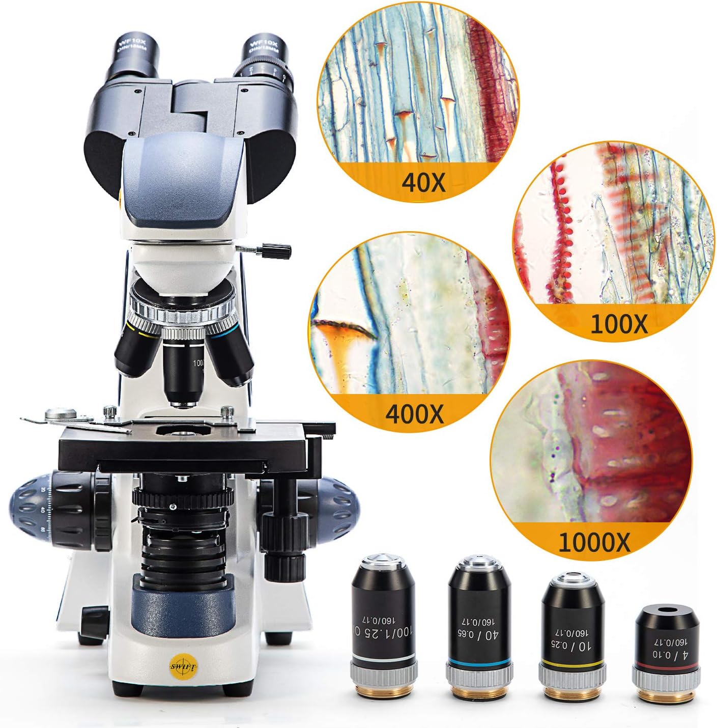SWIFT SW380B 40X-2500X Magnification, Research-Grade Binocular Compound Lab Microscope, Mechanical Stage, with 5.0 mp Camera and Software Windows/Mac Compatible and 100pcs Blank Slides