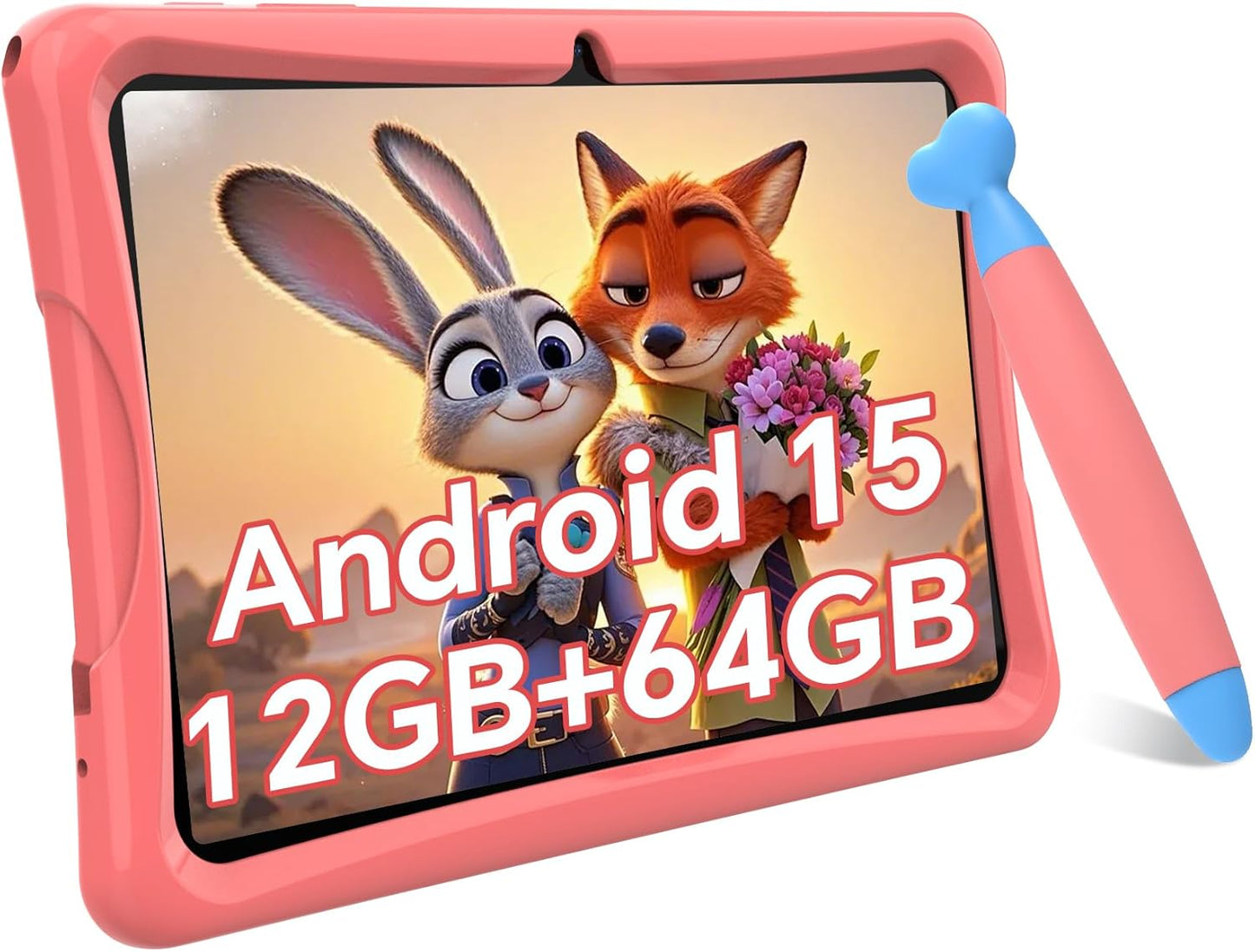 Kids Tablet 10 inch, Android 15 Kids Tablets, Parental Control, Pre-Installed Kiddos Software & Kids Space, Includes Case & Stylus Pen, 12GB RAM 64GB ROM, 2TB Expand, HD IPS Screen(Pink)