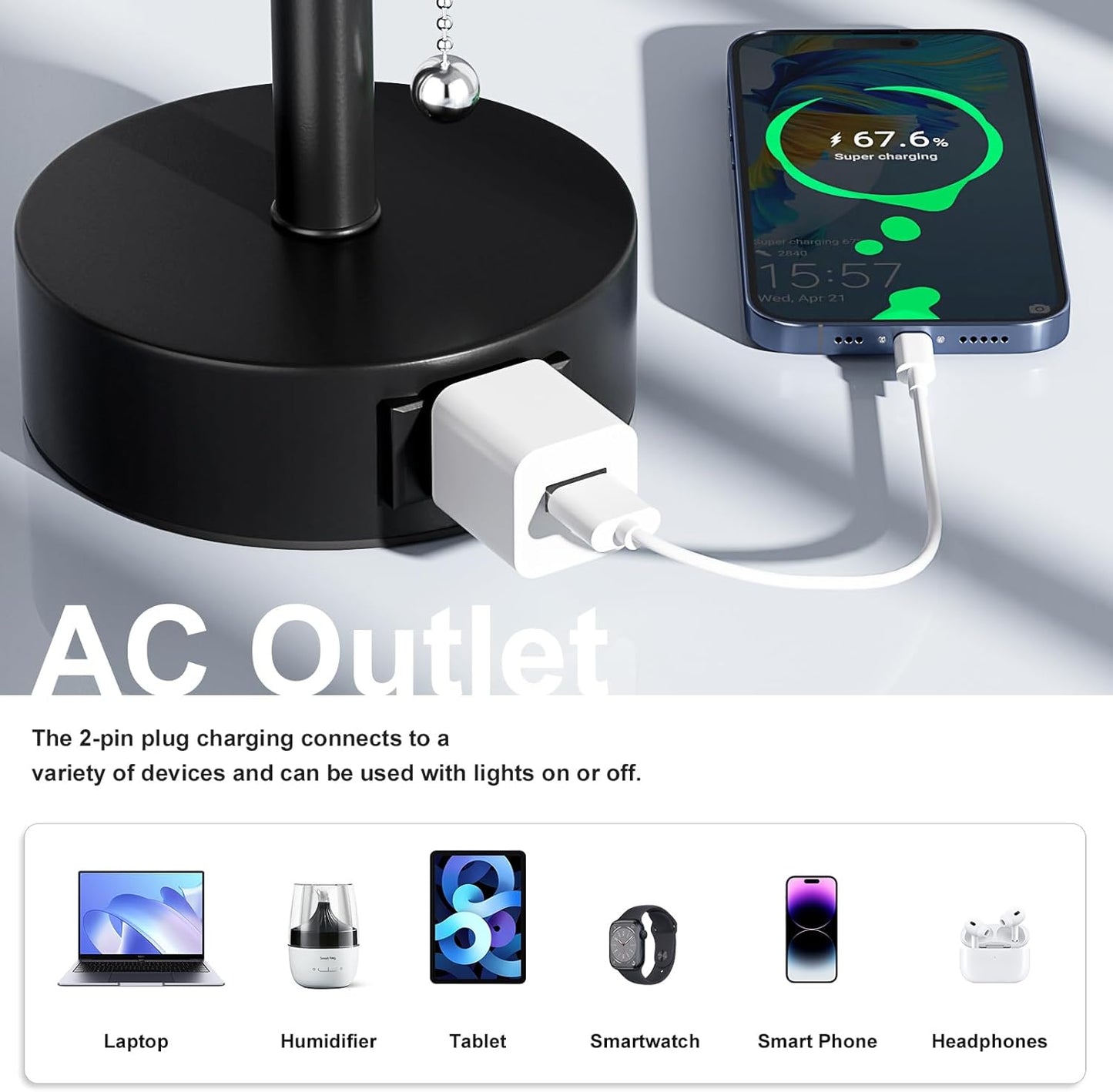 Grey Bedside Table Lamps Set of 2-3 Color Temperatures Pull Chain Lamp with AC Outlet Charging Port, Round Night Stand Lamps for Bedroom Office, Small Bed Side Light with E26 LED Bulbs