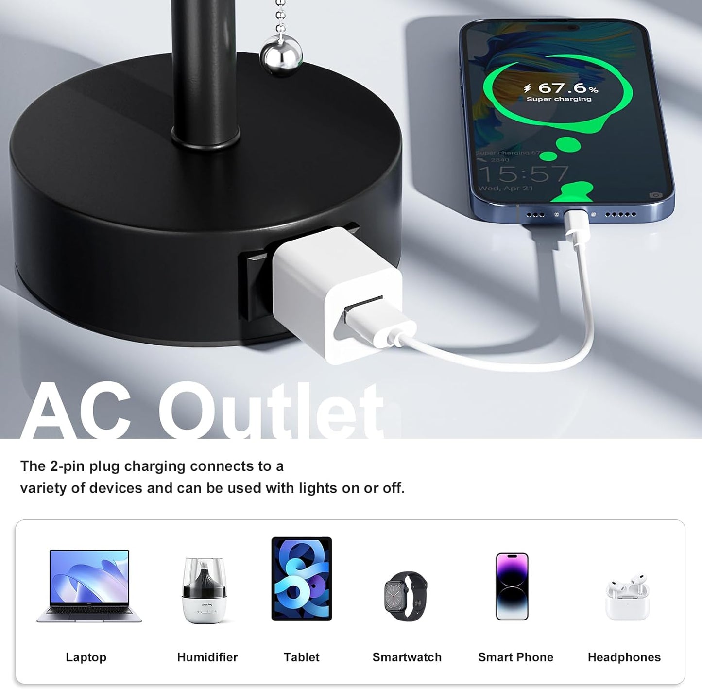 White Bedside Table Lamps Set of 2-3 Color Temperatures Pull Chain Lamp with AC Outlet Charging Port, Round Night Stand Lamps for Bedroom Office, Small Bed Side Light with E26 LED Bulbs