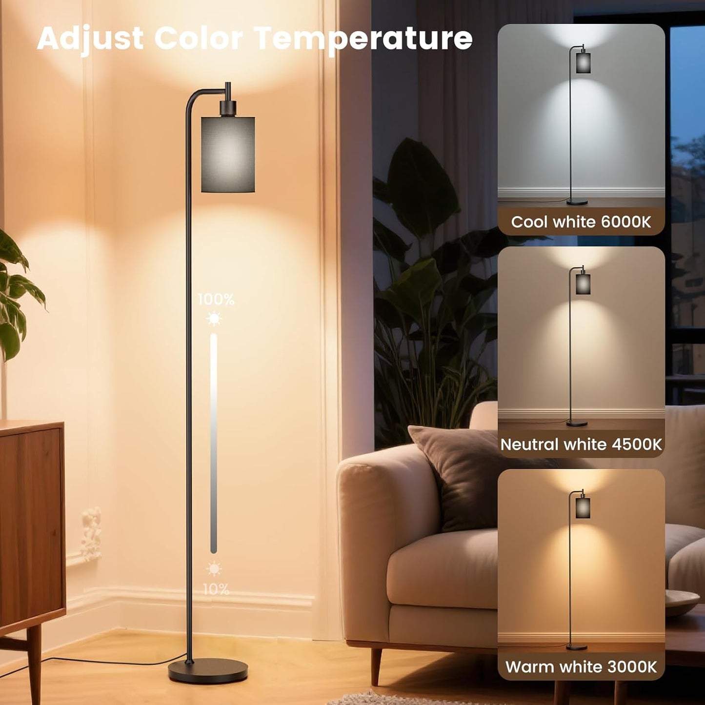 Floor Lamp with Linen Shade, Dimmable Tall Standing Lamp with Remote Control & 3 Color Temperatures, Modern Floor Lamps for Living Room Bedroom Office Corner, 9W LED Bulb Included