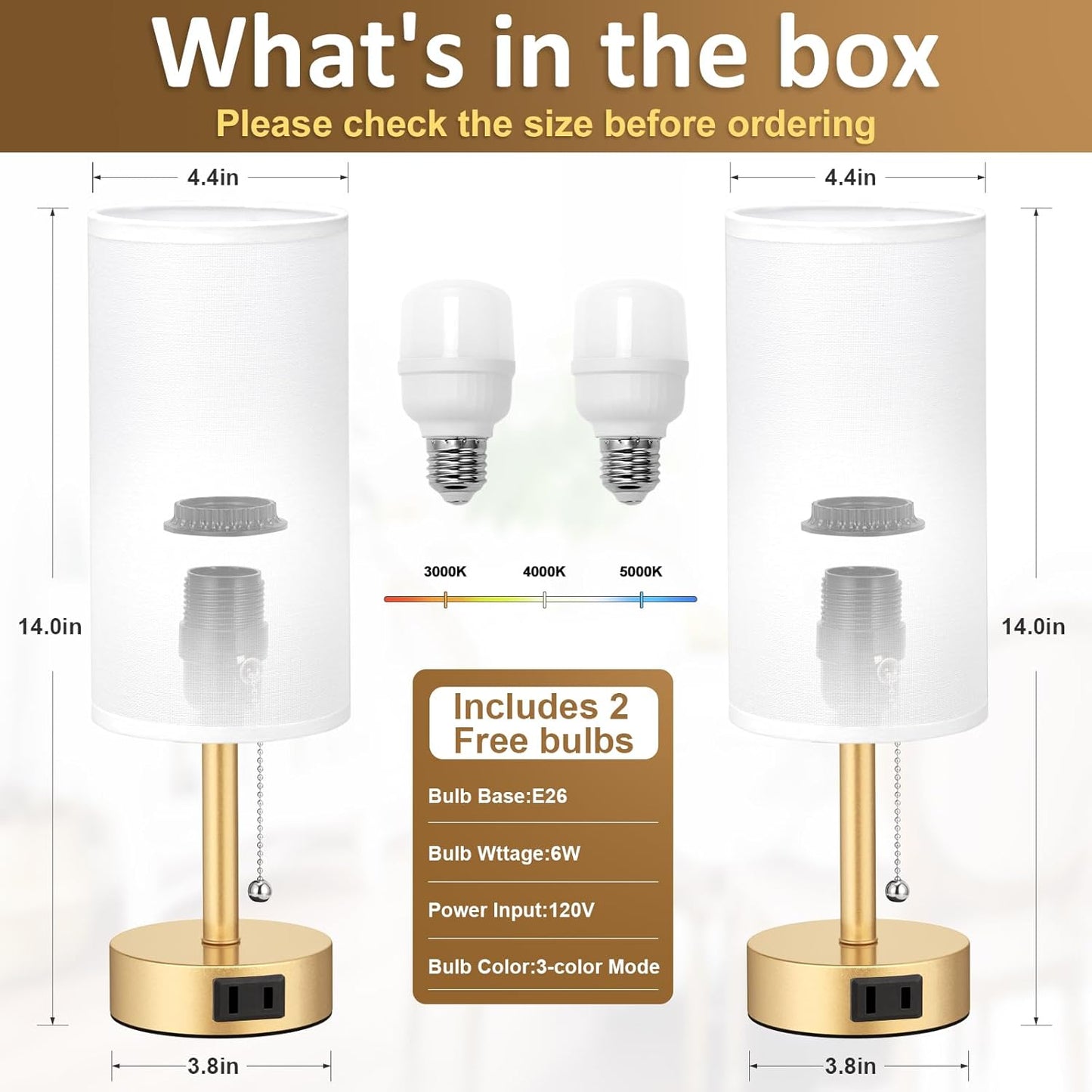 Gold Bedside Table Lamps Set of 2-3 Color Temperatures Pull Chain Lamp with AC Outlet Charging Port, Two Round Night Stand Lamps for Bedroom Office Living Room