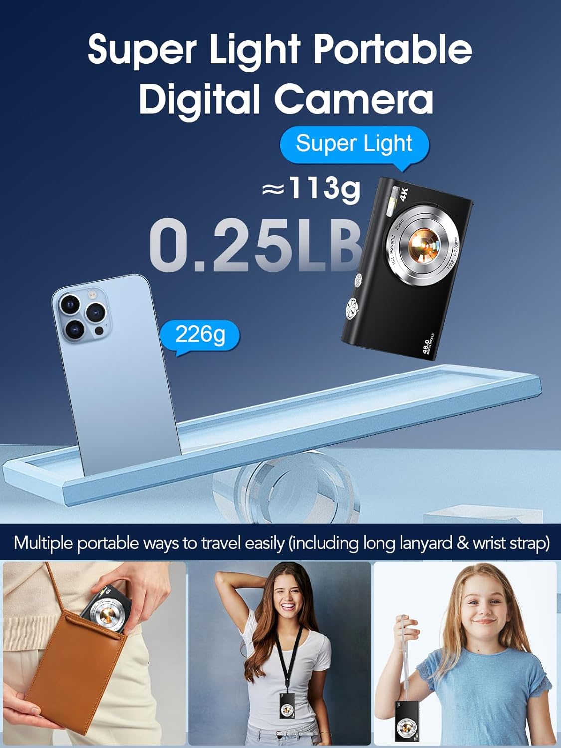 Digital Camera,Autofocus 4K Vlogging Camera for Photography with 32GB Card,48MP Portable Compact Point and Shoot Digital Camera for Teens Adult Beginner with 16X Zoom,Anti-Shake,2 Batteries(Black)