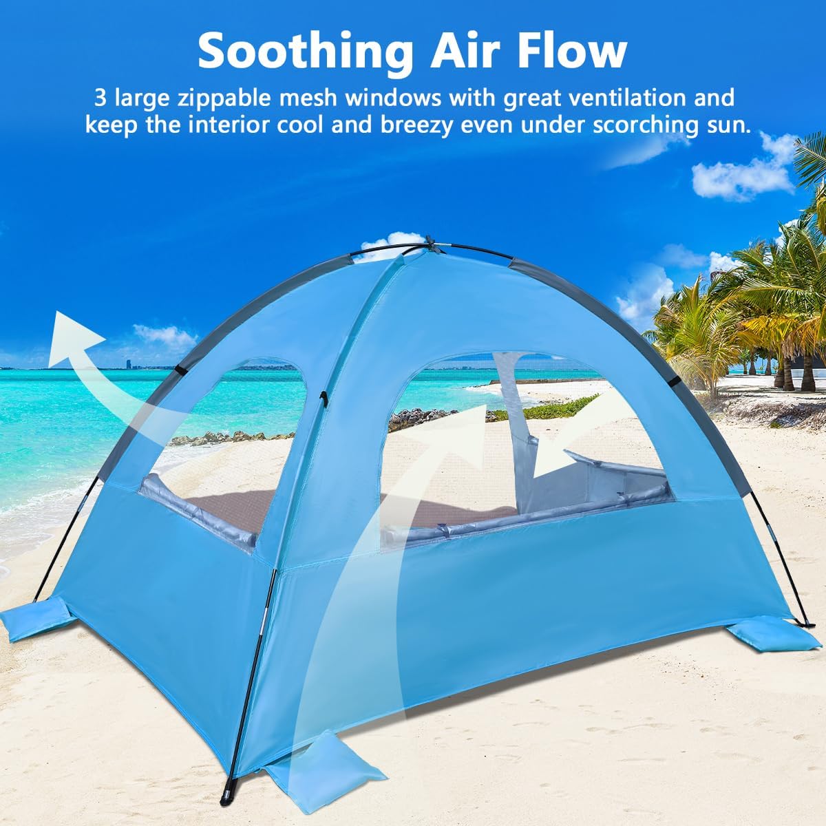 NXONE Beach Tent Sun Shade Shelter for 3/4/6 Person Person with UV Protection, Extended Floor, 3 Mesh Roll Up Windows & 8.0/8.5mm Fiberglass Rods丨Carry Bag Included