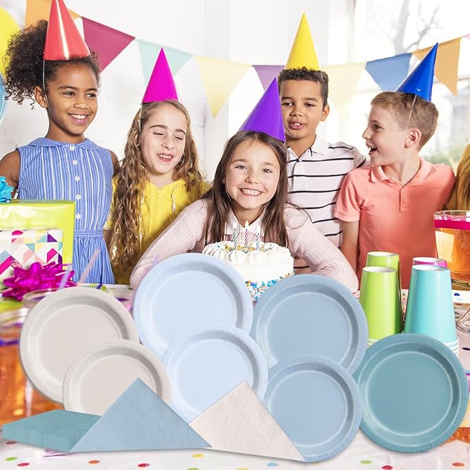 CMUSKO Blue Birthday Decorations - 150pcs Dusty Blue Gradient Plates & Napkins Kit Serves 50 for Dusty Theme Baby Shower,Wedding, Bridal Shower