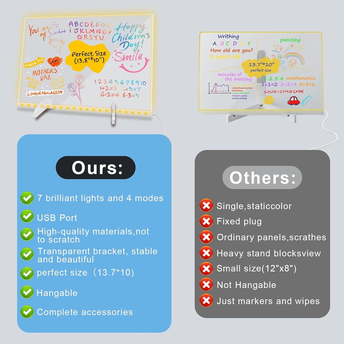 Acrylic Dry Erase Board with Light,LED Note Board with Colors 13.8"X10" 4 Modes & 7 Colors Rewritable LED Acrylic Drawing Board forKids School Home Office Include 7 pens,Clear Stand,Spray Bottle