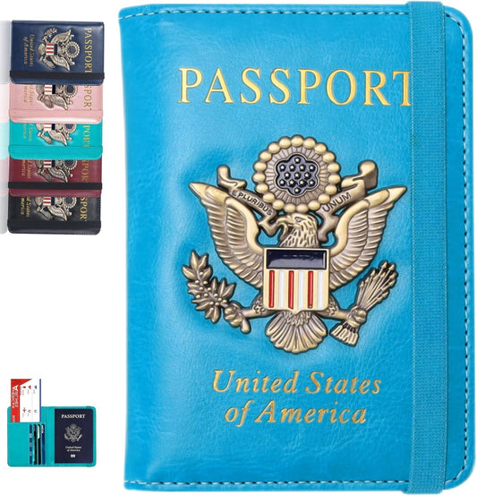 Passport Holder and Card Slot Combo RFID Blocking Leather Family Travel Passport Wallet Travel Accessories for Men Women(Light blue)