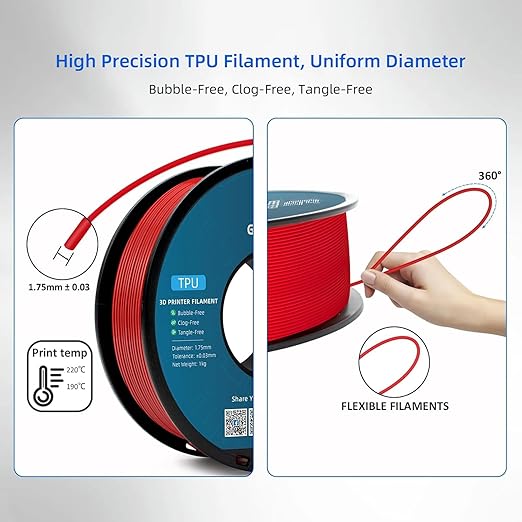 Geeetech TPU Filament 1.75mm, 95A Flexible 3D Printer Filament with High Elasticity, 1KG (2.2lbs) Spool, Dimensional Accuracy ±0.03mm, Fits Most FDM Printers, Red