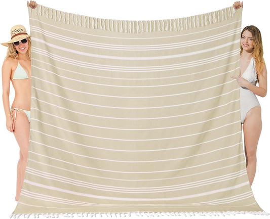 Oversized Turkish Beach Towel Blanket XXL Cotton Sandproof Towels Boho Woven Extra Large Big Sand Free Giant Throw Thick Blankets Huge Quilt XL Picnic Camping Necessities Cloud For Adult Gifts Beige