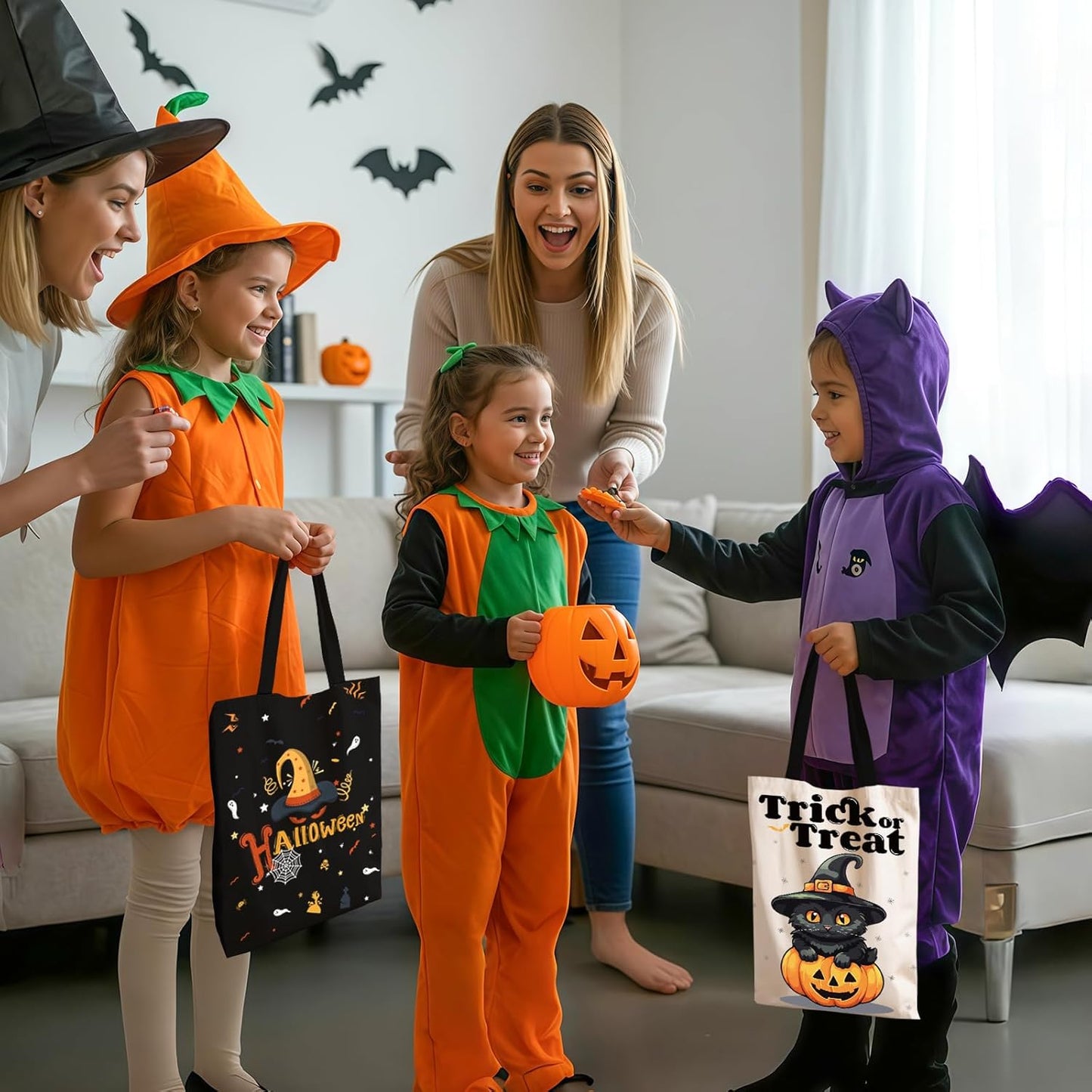 TYL&TYS Halloween Treat Bags, 3Pcs Trick or Treating Bags, Halloween Candy Canvas Tote Gift Bags (Trick or Treat, Cat, Pumpkin), Reusable Grocery Boo Basket Bag for Kids